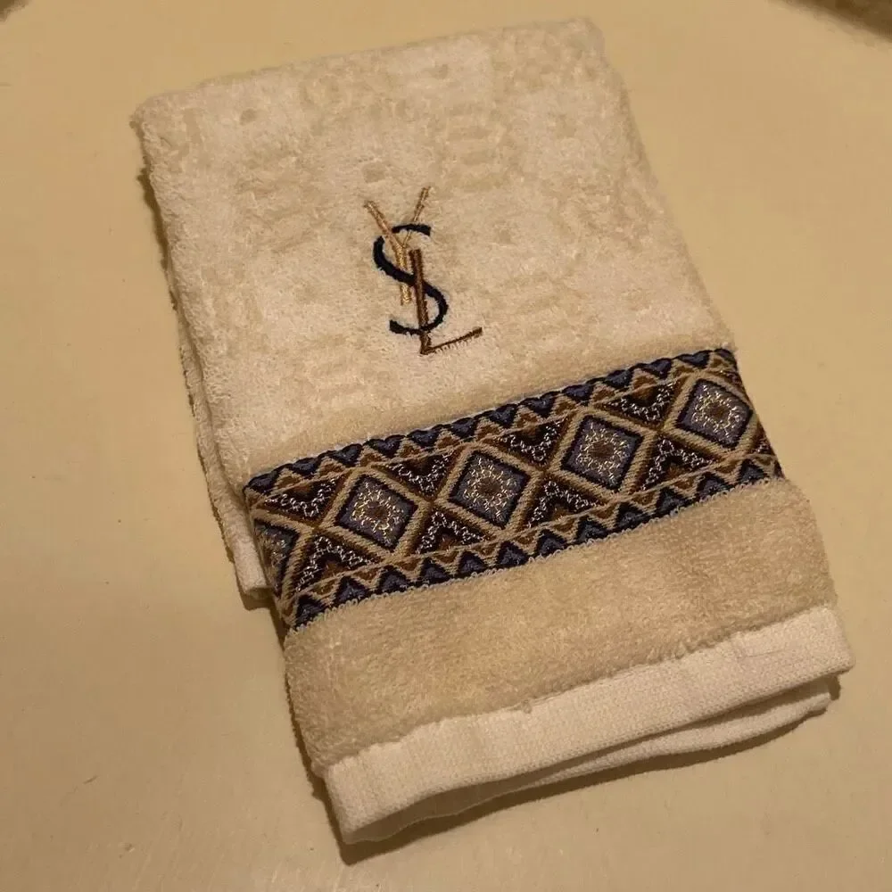 Yves Saint Laurent 14x14 Decorative Hand Towel Beige Blue Pattern Block NEW